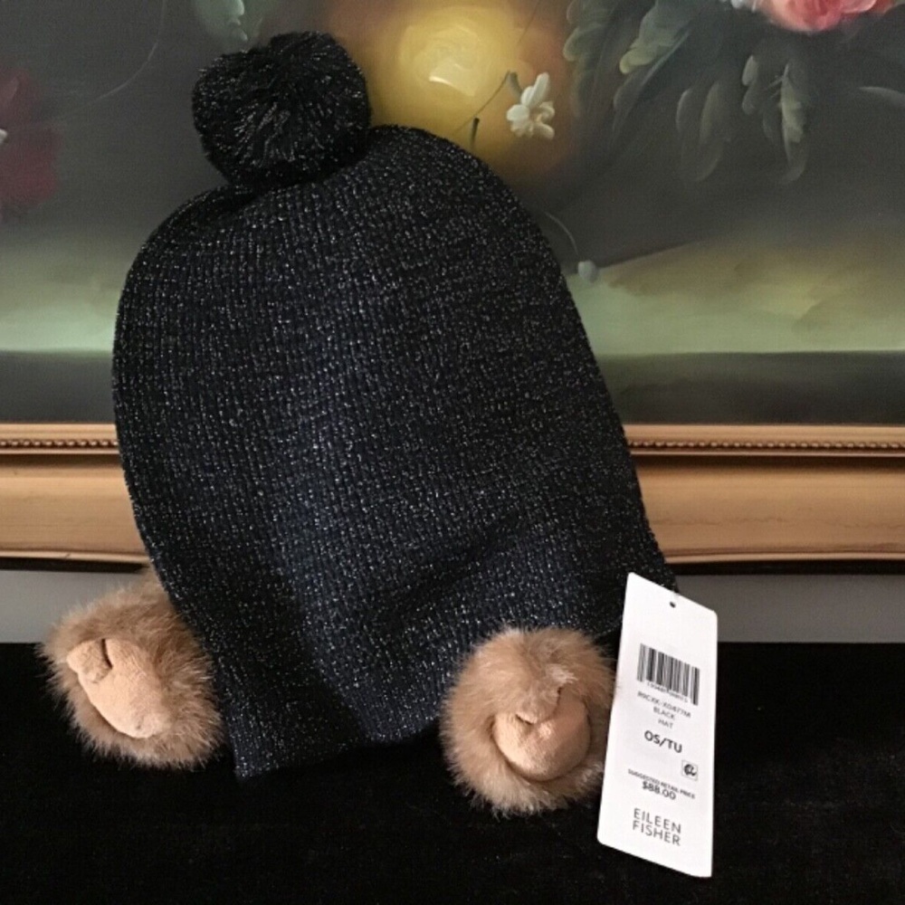 NWT EILEEN FISHER MERINO SPARKLE HAT IN RESPONSIBLE WOOL Knit Black JE